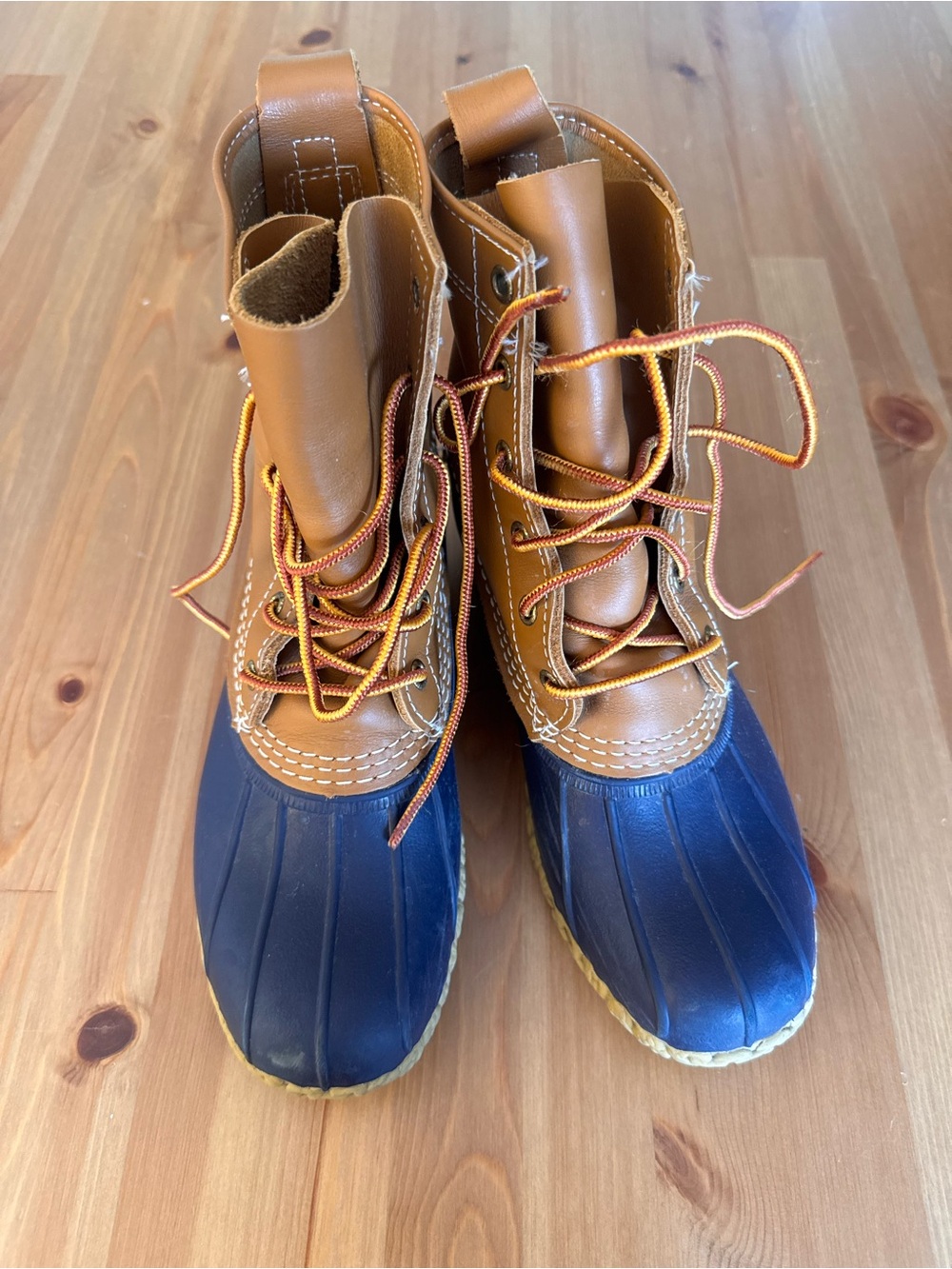 L.L. Bean Two-Tone Duck Boots in Brown Leather & Navy Rubber